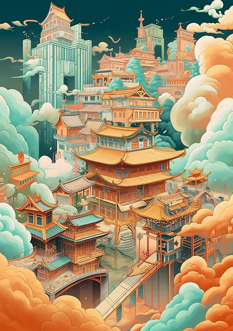 国潮中式建筑俯视手绘插画,插画/手绘图,插画/手绘图库,插画/手绘图下载,插画/手绘